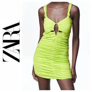 NWT Zara Neon Lime Green Ruched Cutout Bodycon Mini Dress, Size Medium